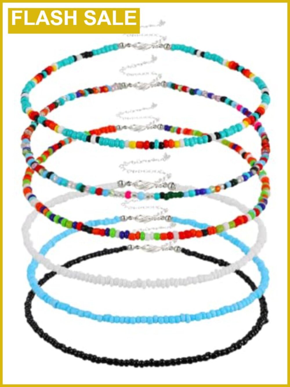 6 Pc Glass Seed Bead Choker Necklace Set Boho Adjustable Summer Beach